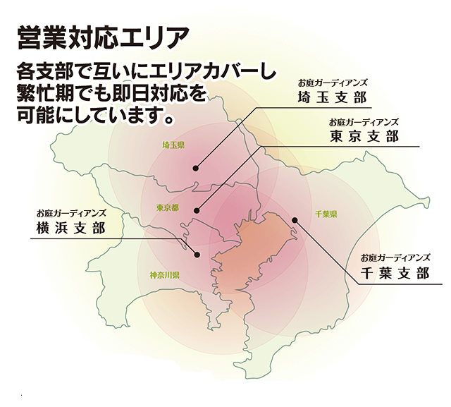 営業対応エリア(東京・埼玉・千葉・神奈川)｜各支部で互いにエリアカバーし繁忙期でも即日対応を可能にしています。